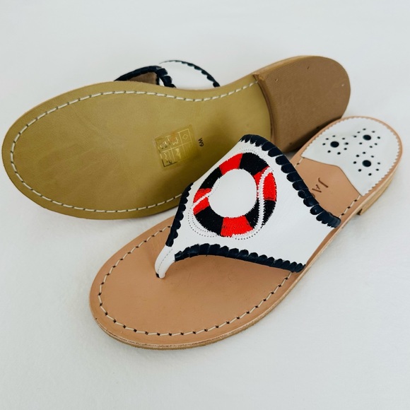 New Jack Rogers White & Midnight Life Preserver Embroidered Leather Sandal Flats - Picture 5 of 5